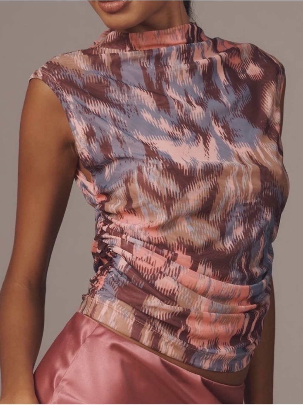 Maeve Sleeveless Mock-Neck Ruched Top in Pink, Brown and Blue